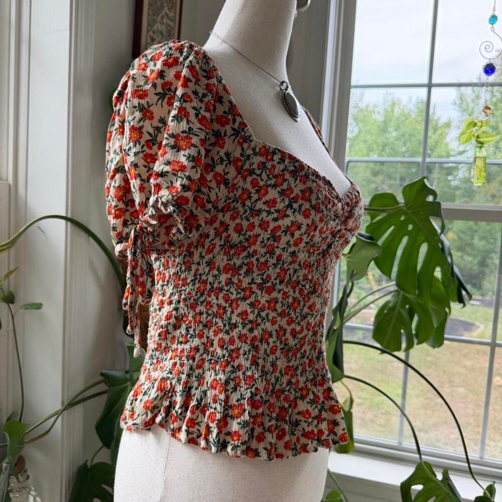 Floral Ruffle Ruched Bodice Blouse Large - Picture 2 of 5